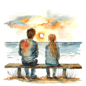 9 Imágenes prediseñadas de pareja al atardecer, imágenes prediseñadas de playa de pareja, imágenes prediseñadas de acuarela imprimibles, JPG de alta calidad, descarga digital, artesanía de papel, diario basura