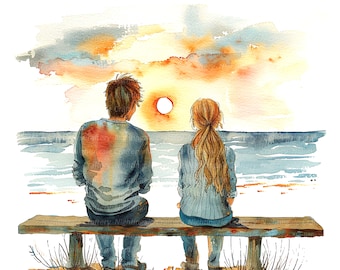 May include: A watercolor painting of a couple sitting on a bench overlooking the ocean at sunset. The sky is a mix of orange, yellow, and pink, and the water is a deep blue. The couple is facing away from the viewer, and they are both wearing casual clothing.