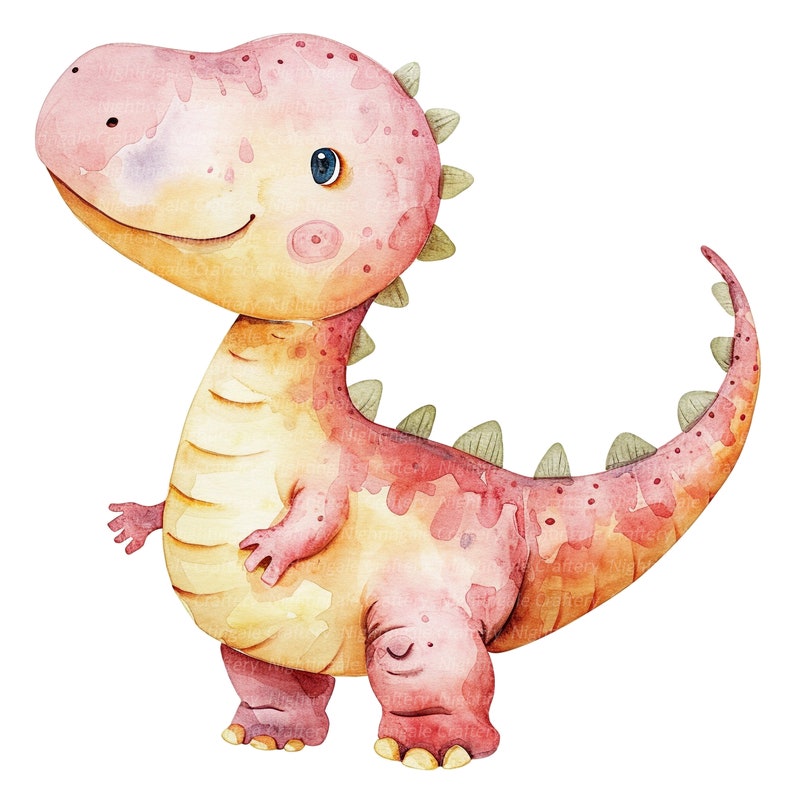 Pu&ograve; includere: Illustrazione ad acquerello di un simpatico dinosauro nei toni del rosa, arancione e giallo. Il dinosauro ha un'espressione sorridente, occhi blu e spine verdi sulla schiena. Una rappresentazione stravagante di una creatura preistorica.