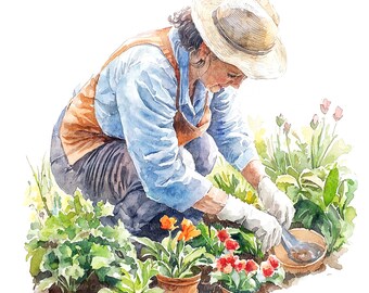 「花持ち 娘」水彩画 花に水をやる女性10人のイラストセット3、印刷可能な水彩画のイラスト
