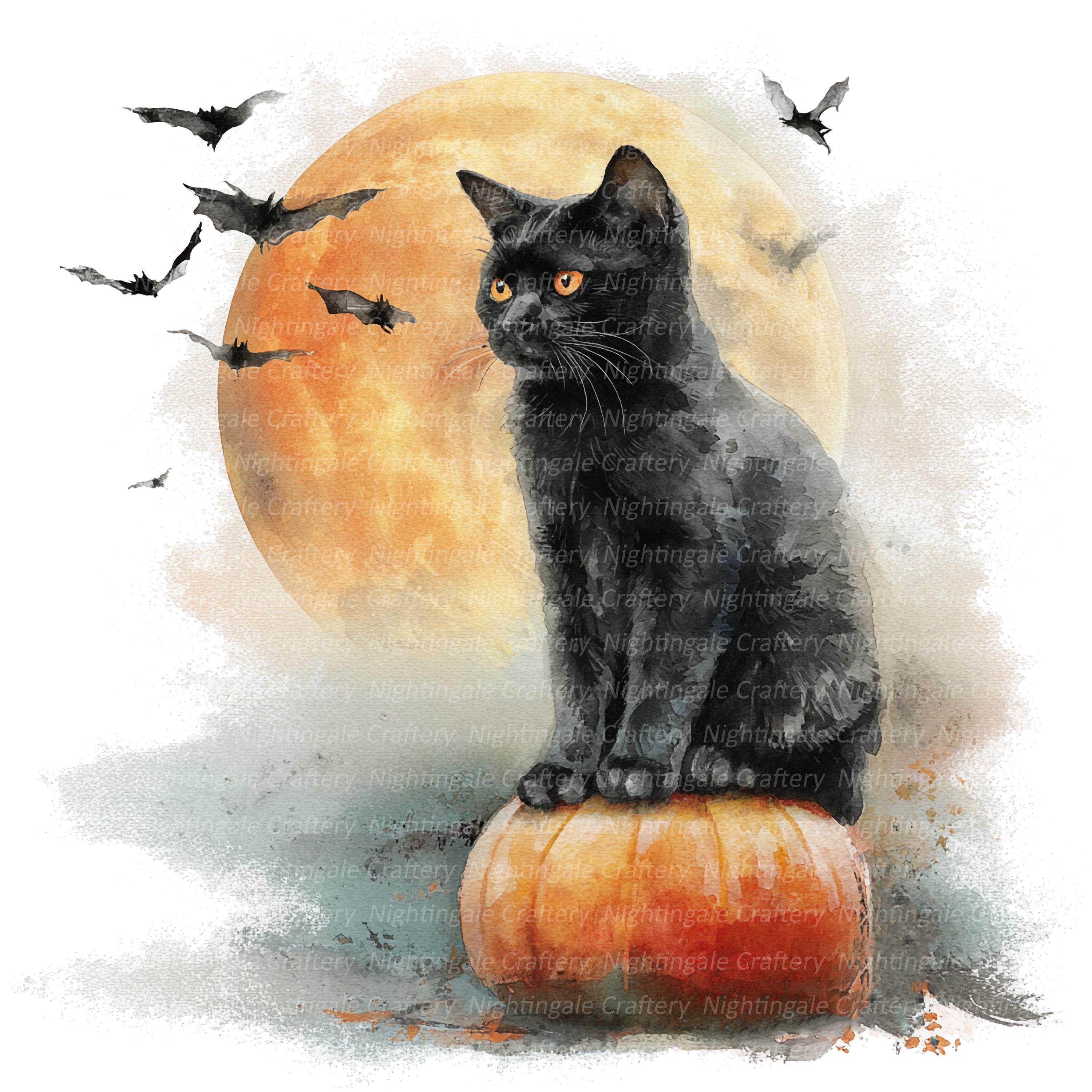 Black Cat on Pumpkin Clipart: Halloween Watercolor (digital Download ...