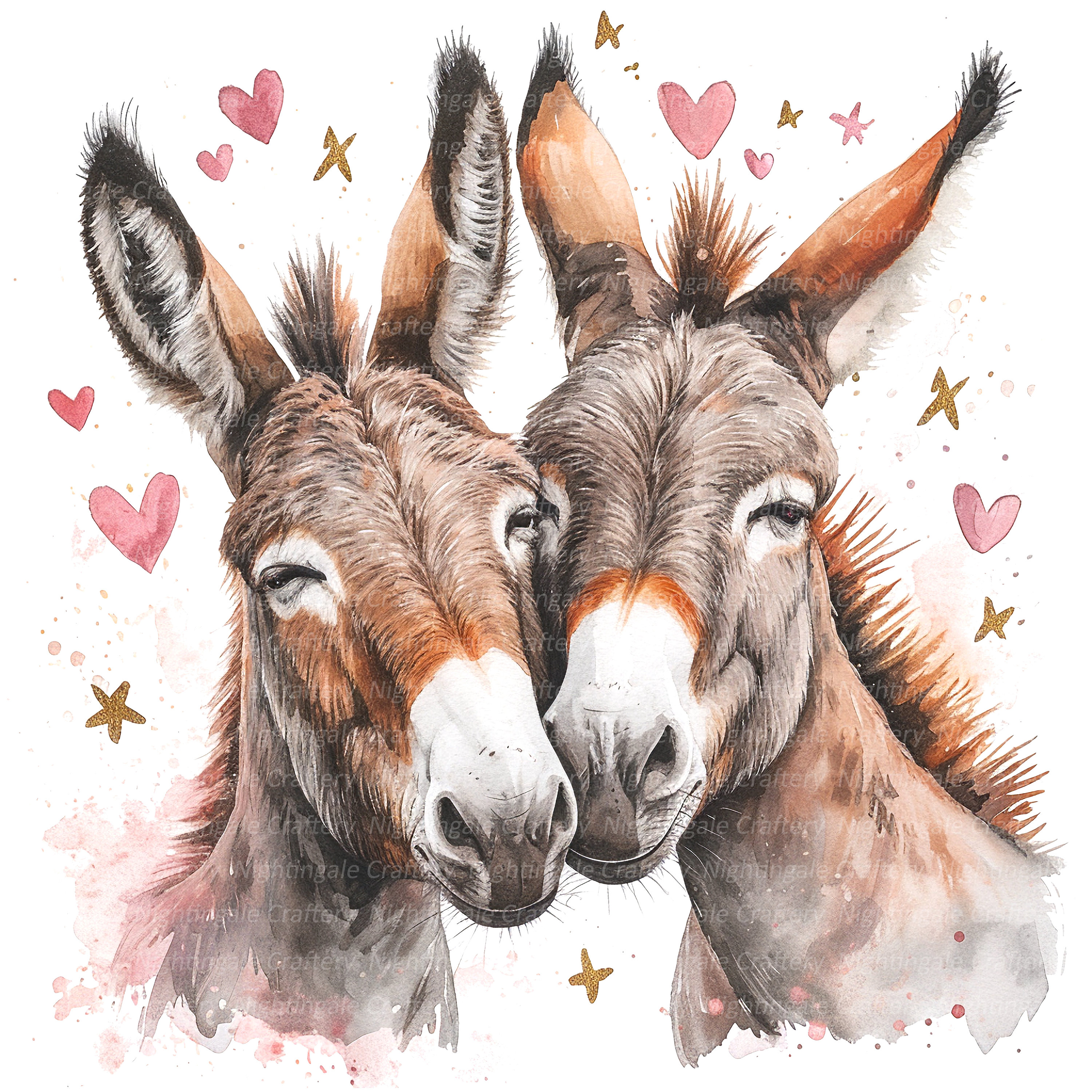 9 Romantic Donkey Couple Clipart, Donkey Love, Printable Watercolor ...