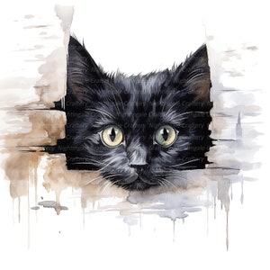May include: A black cat with yellow eyes peeks out from behind a wooden wall. The cat's fur is painted in a watercolor style, with soft edges and subtle shading. The background is a light brown and gray watercolor wash, creating a dreamy and whimsical atmosphere.