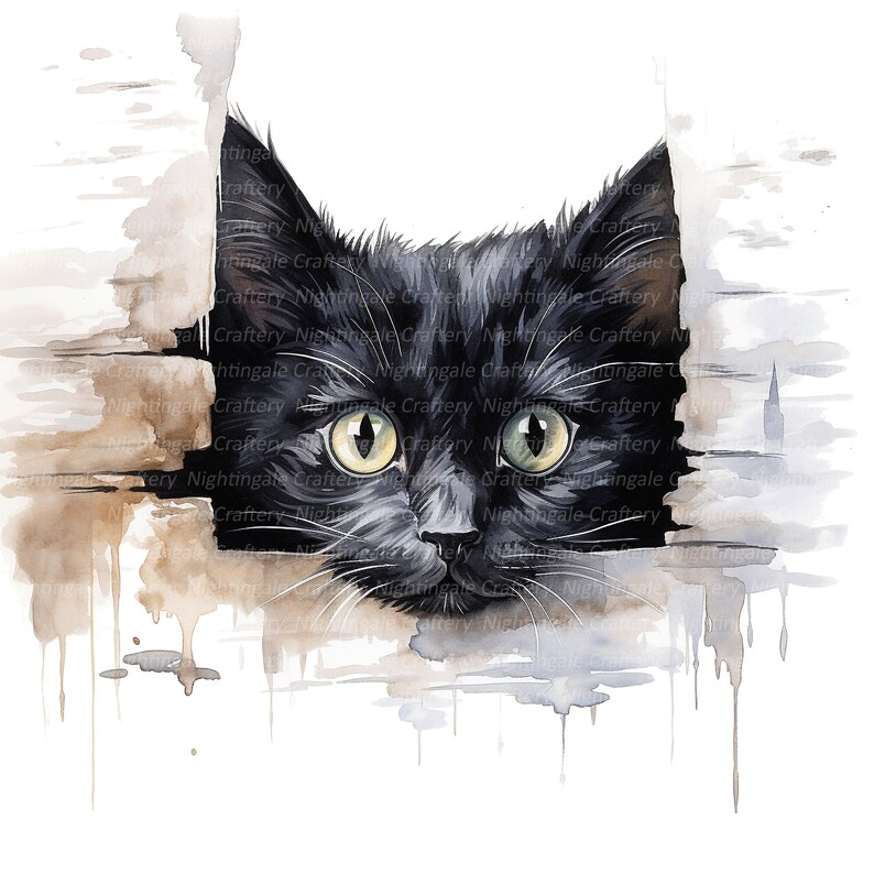 May include: A black cat with yellow eyes peeks out from behind a wooden wall. The cat's fur is painted in a watercolor style, with soft edges and subtle shading. The background is a light brown and gray watercolor wash, creating a dreamy and whimsical atmosphere.