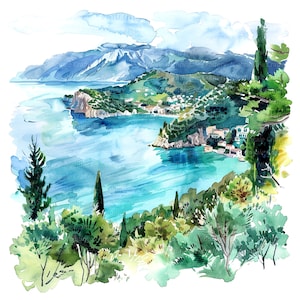 10 cliparts de Corfou, paysage de Grèce, clipart aquarelle imprimable, fichiers JPG de haute qualité, téléchargement numérique, créations en papier, journal indésirable