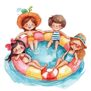 10 imágenes prediseñadas de fiesta en la piscina, ilustración de fiesta para niños, imágenes prediseñadas de acuarela imprimibles, JPG de alta calidad, descarga digital, artesanía en papel, diarios basura