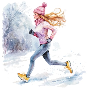 10 Clipart di donne che fanno jogging, corsa invernale, clipart di acquerelli stampabili, JPG di alta qualità, download digitale, artigianato di carta, diari spazzatura