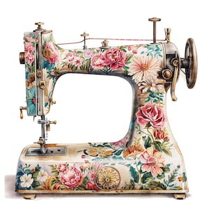 10 clipart de máquina de costura floral antiga, clipart em aquarela para impressão, JPGs de alta qualidade, download digital, artesanato em papel, diários indesejados