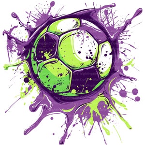 May include: A graphic illustration of a soccer ball in shades of green and purple, surrounded by paint splatters. The ball is centered, with the splatters radiating outwards. The design has a modern, artistic feel, suitable for sports-themed products.