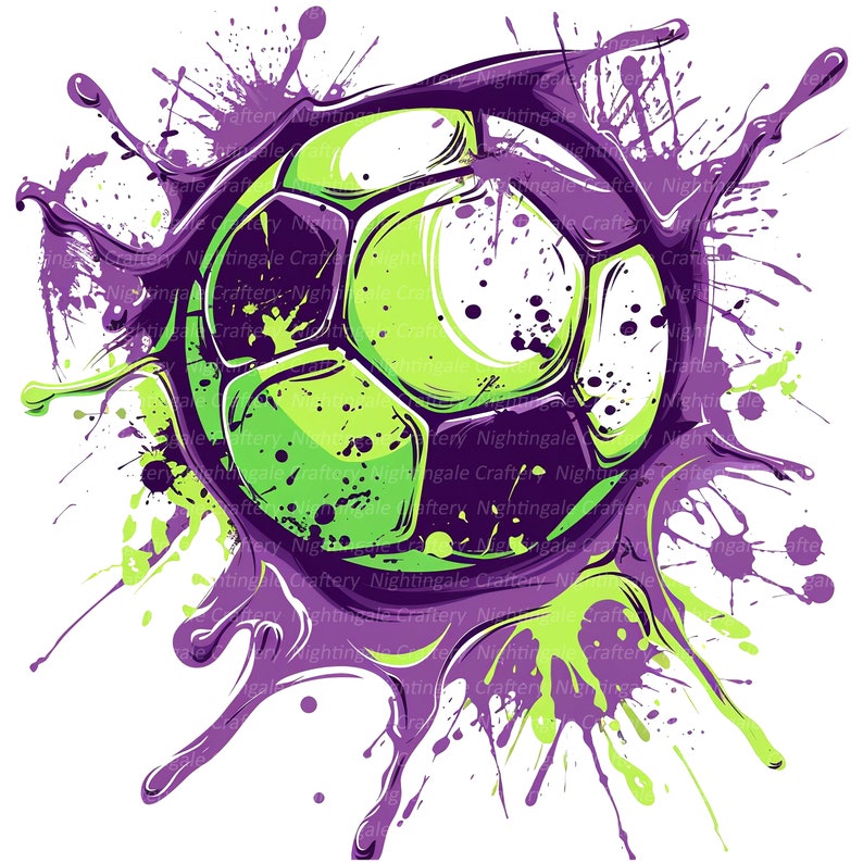 May include: A graphic illustration of a soccer ball in shades of green and purple, surrounded by paint splatters. The ball is centered, with the splatters radiating outwards. The design has a modern, artistic feel, suitable for sports-themed products.