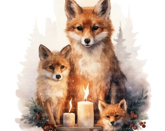 10 Fox family Christmas Clipart, Cute Fox Decor, Printable Watercolor clipart, High Quality JPG, Digital download, Paper craft, junk journal