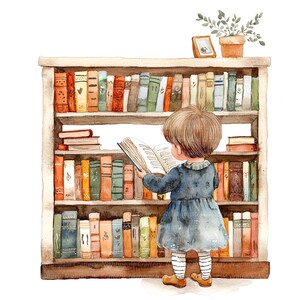 May include: A watercolor illustration of a child reading a book in front of a bookshelf filled with books. The bookshelf is made of wood and has three shelves. The child is wearing a blue dress and has brown hair. The books on the shelves are of various colors and sizes.
