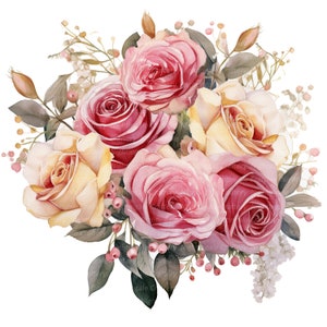 12 Roses Bouquet Set 2 Clipart, Rosas rosadas, Imágenes prediseñadas de acuarela imprimible, Descarga digital, Alta resolución, Artesanía de papel, diarios basura