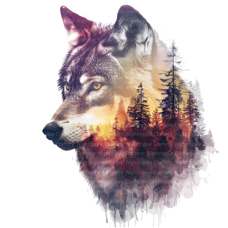May include: A digital art print featuring a wolf's profile, overlaid with a forest scene. The wolf has brown and gray fur with yellow eyes. The forest is rendered in shades of red, orange, and yellow, with tall pine trees.