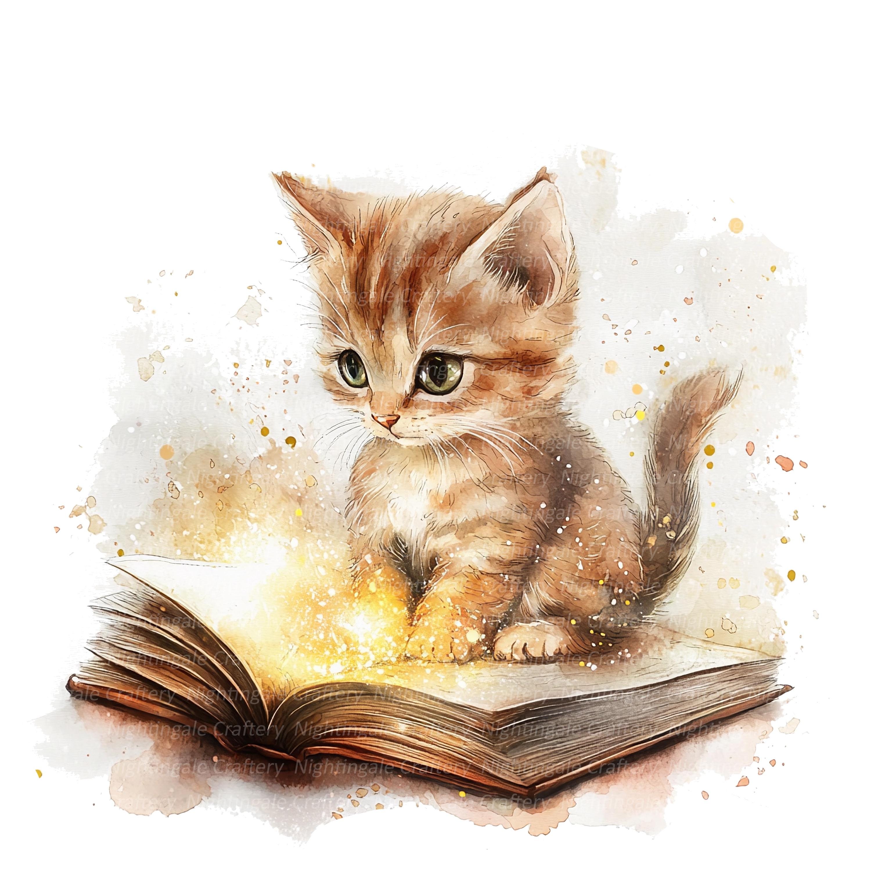 10 Cat and Magic Book Clipart, Fantasy Book, Printable Watercolor ...