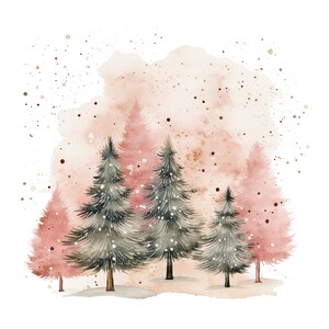 May include: Watercolour painting of a winter woodland scene with pink and green trees. The trees are covered in snow and the background is a soft pink watercolour wash.