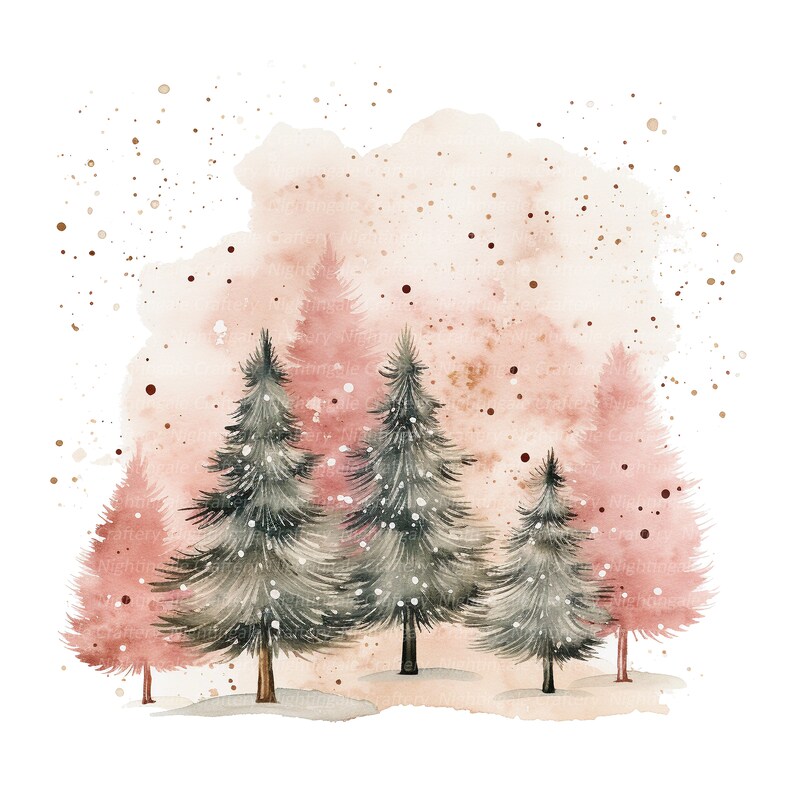 May include: Watercolour painting of a winter woodland scene with pink and green trees. The trees are covered in snow and the background is a soft pink watercolour wash.