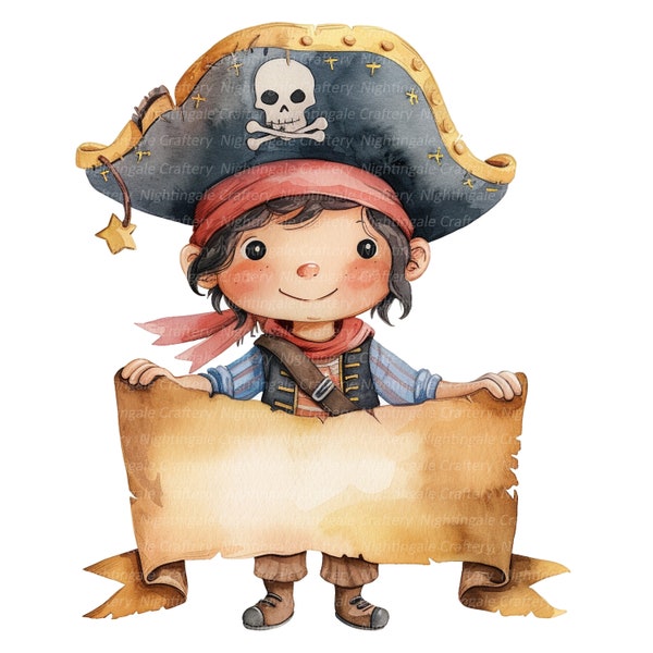 8 cliparts de pirates de dessin animé, pirate avec baner, clipart aquarelle imprimable, JPG de haute qualité, téléchargement numérique, créations en papier, journaux indésirables