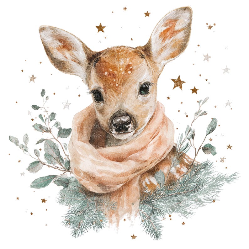 9 Christmas Fawn Clipart, Deer With Scarf, Printable Watercolor Clipart ...