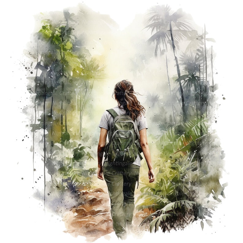 May include: A woman with long brown hair walks along a path through a dense green jungle. She is wearing a green rucksack and khaki trousers. The path is surrounded by tall trees and lush foliage.