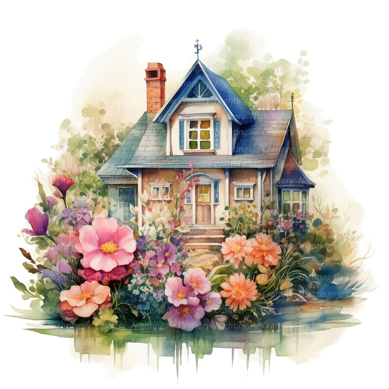 10 Floral House Clipart, Garden Flowers, Printable Watercolor Clipart ...