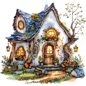 13 Whimsical Fairy House Clipart, Cozy Fairy House, clipart acquerello stampabile, JPG di alta qualità, download digitale, artigianato con la carta, diari