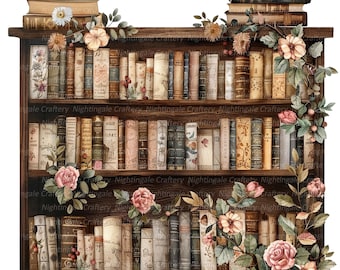May include: A wooden bookshelf filled with antique books, decorated with floral vines and pink roses. The bookshelf has three shelves and is filled with books of various sizes and colors.