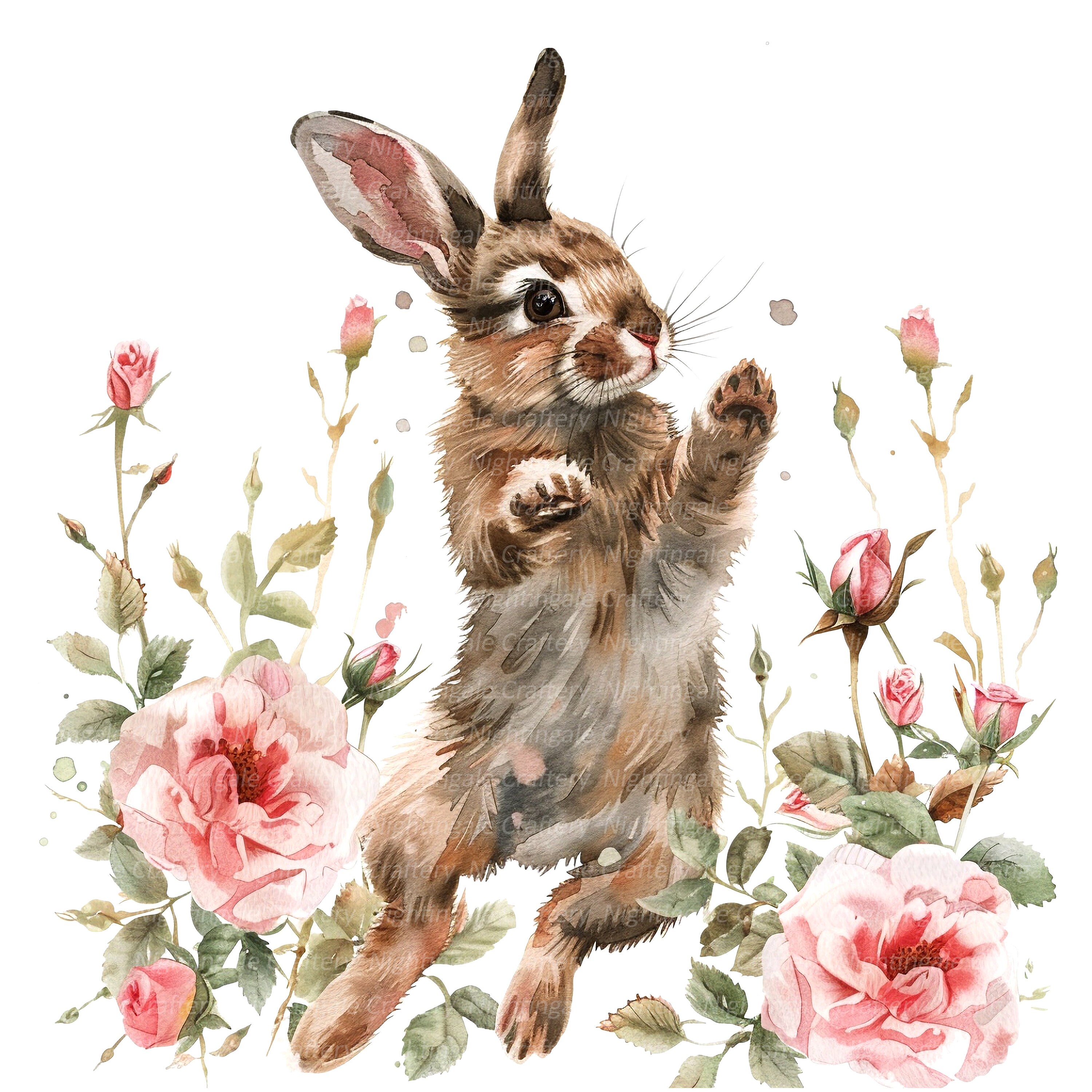 12 Floral Bunny Clipart, Roses Clipart, Printable Watercolor Clipart ...