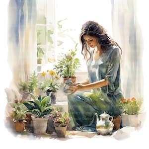 12 Woman Watering Flowers Clipart, Printable Watercolor clipart, High Quality JPGs, Digital download, Paper craft, junk journal