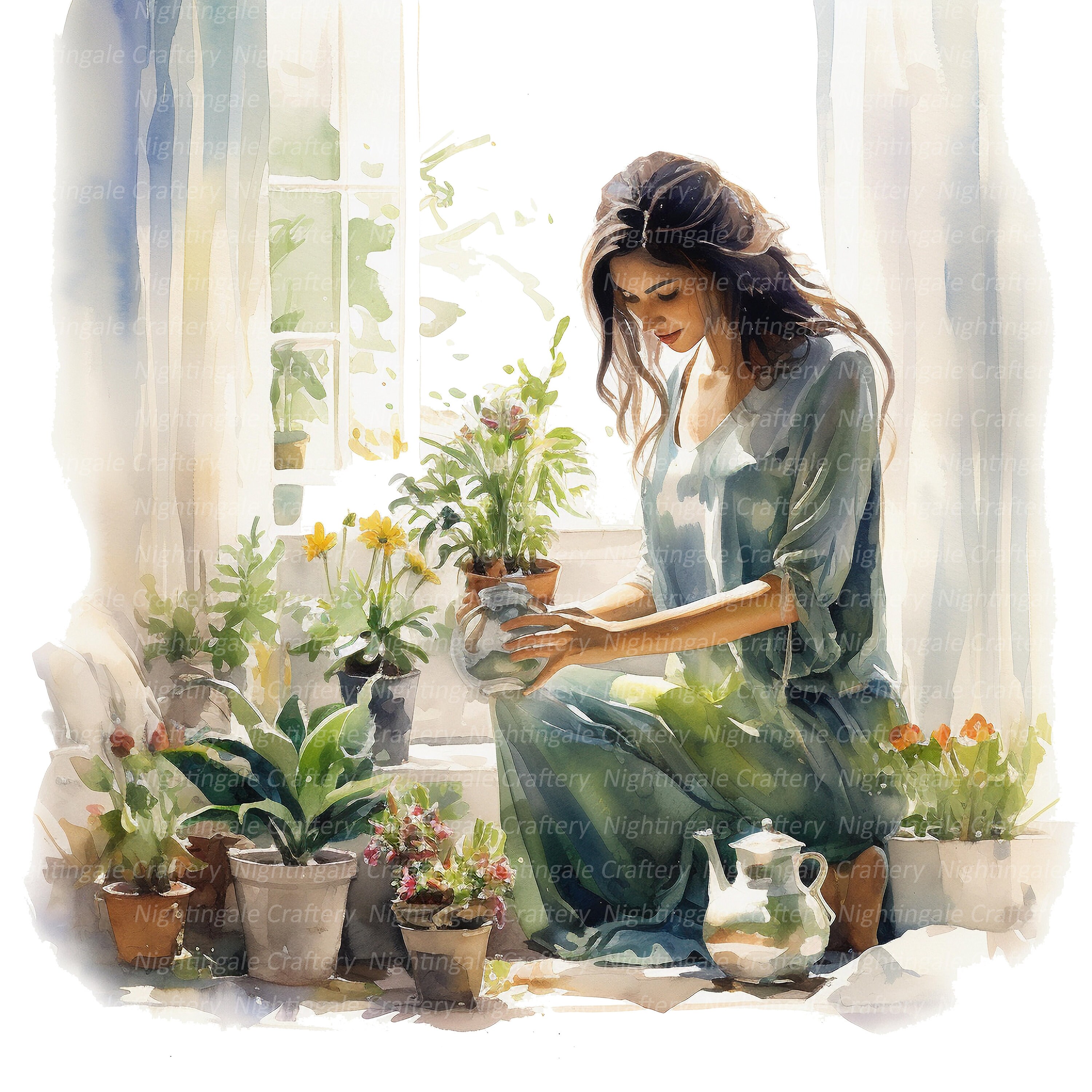 12 Clipart femme arrosant des fleurs, clipart aquarelle imprimable
