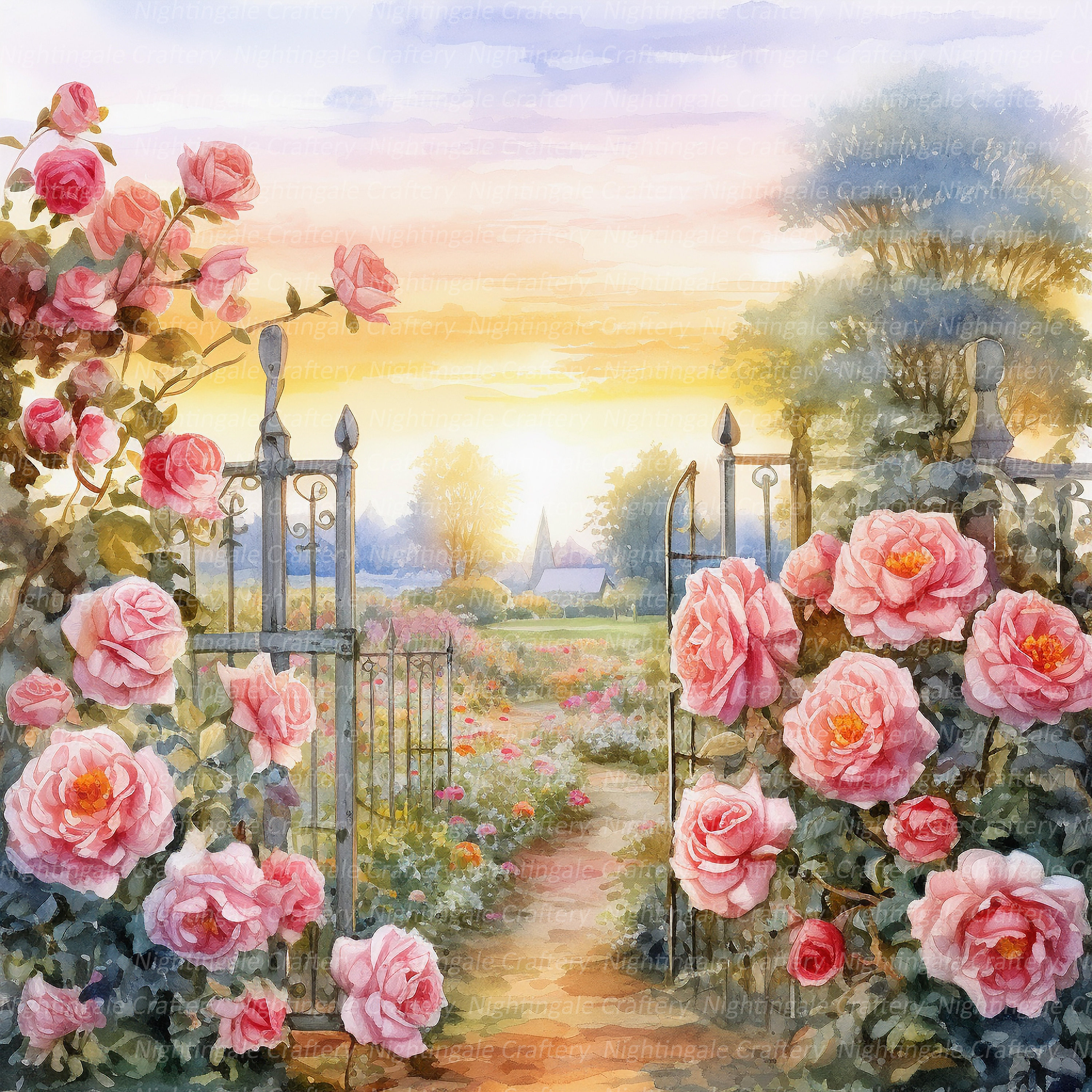 10 Rose Garden Clipart, Sunset Over Garden, Printable