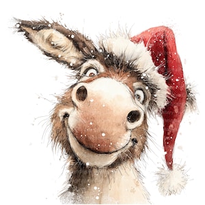 Peut inclure: Illustration à l'aquarelle d'un âne souriant portant un bonnet de Père Noël rouge et blanc. L'âne a des poils bruns et blancs, un grand nez et de grands yeux. Des flocons de neige tombent autour de l'âne.