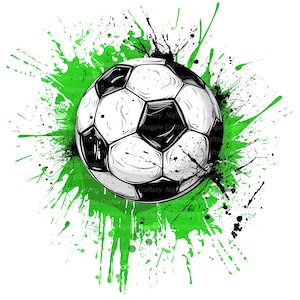 May include: A soccer ball illustration with black and white panels, centered on a vibrant green paint splatter design. Black paint splatters add contrast. The design is on a white background, creating a dynamic sports-themed graphic.