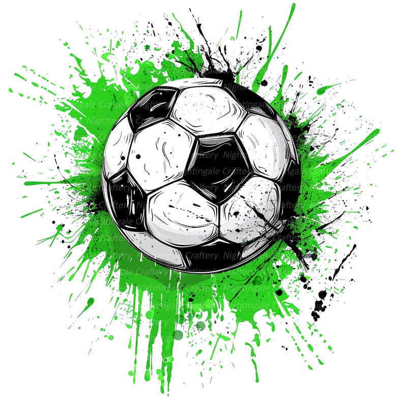 May include: A soccer ball illustration with black and white panels, centered on a vibrant green paint splatter design. Black paint splatters add contrast. The design is on a white background, creating a dynamic sports-themed graphic.