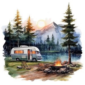 11 Clipe de trailer de acampamento, acampamento, viagem, clipart de aquarela para impressão, PNG de alta qualidade, download digital, artesanato em papel, diários de lixo