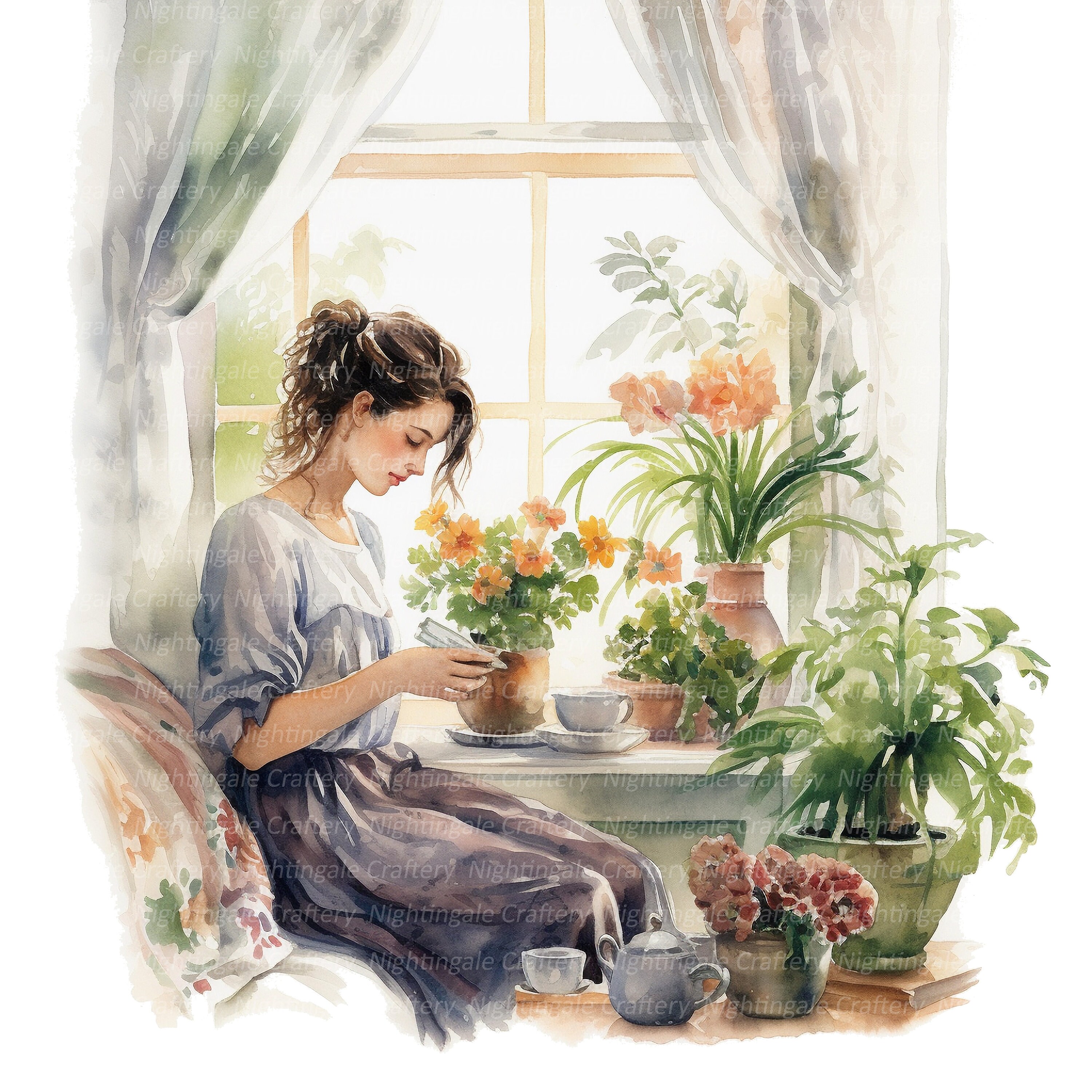 12 Clipart femme arrosant des fleurs, clipart aquarelle imprimable