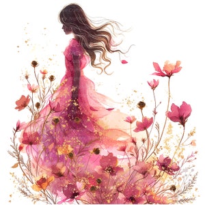 K&ouml;nnte beinhalten: Ein Aquarellbild einer Frau in einem rosa Kleid, die in einem Feld mit rosa Blumen steht. Die Haare der Frau wehen im Wind und die Blumen bl&uuml;hen im Sonnenlicht.