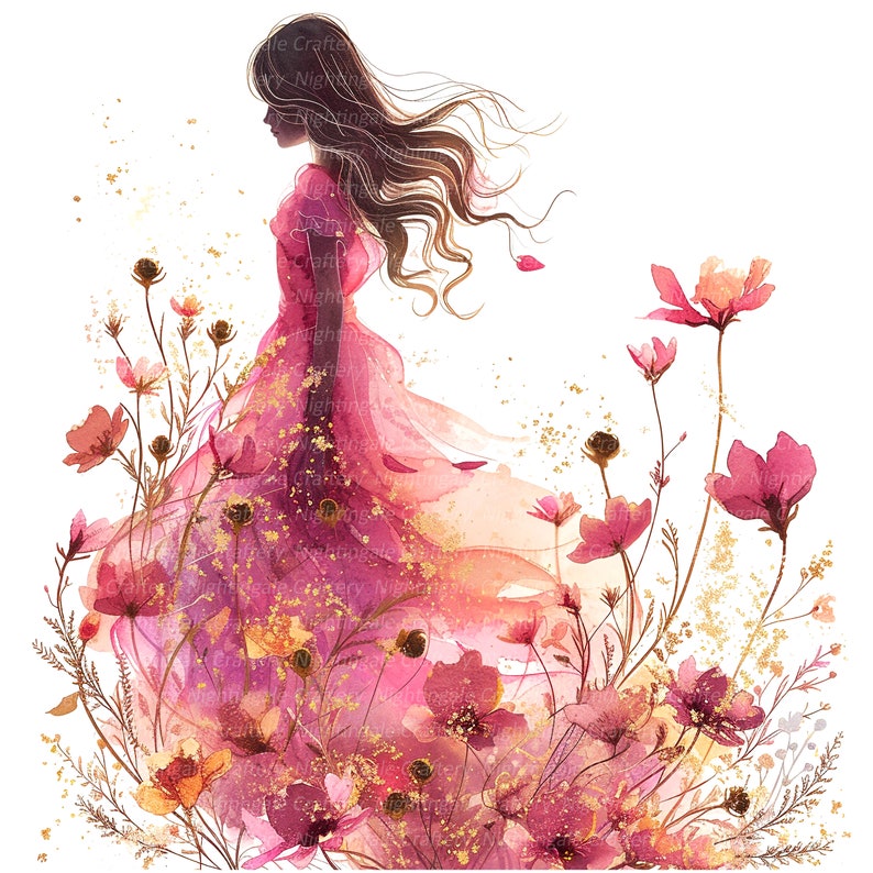 K&ouml;nnte beinhalten: Ein Aquarellbild einer Frau in einem rosa Kleid, die in einem Feld mit rosa Blumen steht. Die Haare der Frau wehen im Wind und die Blumen bl&uuml;hen im Sonnenlicht.