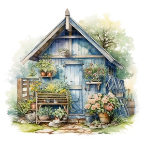 11 Clipart abri de jardin, cabane de jardin, clipart aquarelle imprimable, fichiers JPG de haute qualité, téléchargement numérique, haute résolution, créations en papier