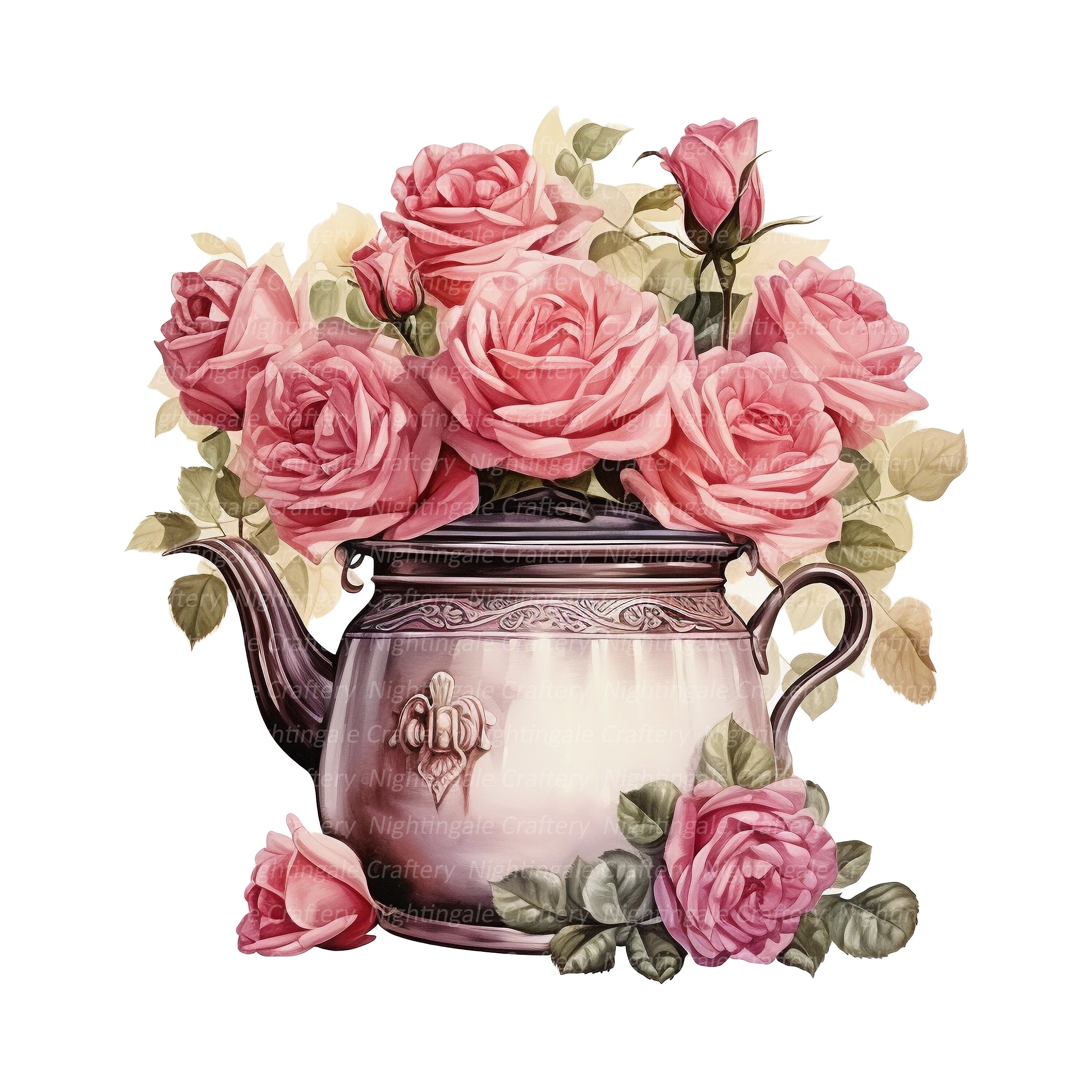 10 Pink Roses in Pot Clipart, Roses Bouquet, Printable Watercolor ...