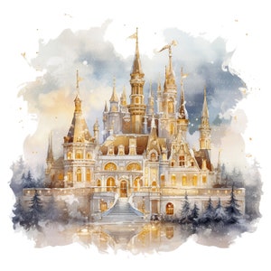 12 Goldenes Schloss Clipart, Winterschloss, druckbare Aquarell Clipart, hochwertige JPGs, digitaler Download, Papiermodell, Junk Journals
