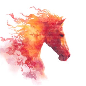 May include: Watercolor painting of a horse's head in shades of red, orange, and yellow. The horse's mane and parts of its body appear to dissolve into a cloud of color. The text "Nightingale Craftery" is visible in the image.