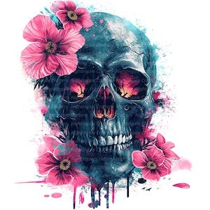 Puede incluir: Ilustración digital de una calavera con flores rosas y detalles turquesas. La calavera tiene grietas y salpicaduras de pintura. Las cuencas de los ojos reflejan una escena ardiente. El diseño combina elementos góticos y florales.