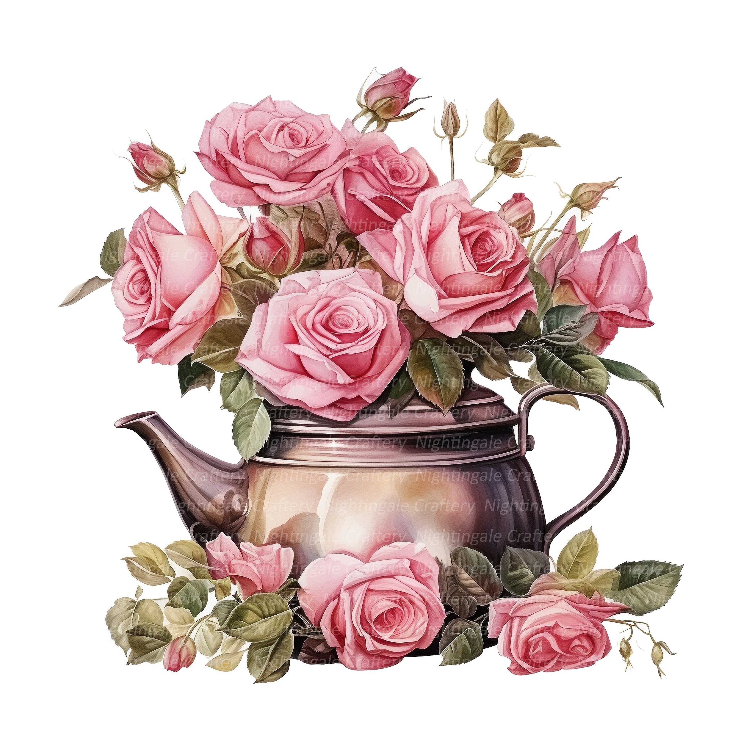 10 Pink Roses in Pot Clipart, Roses Bouquet, Printable Watercolor ...