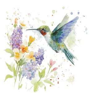 Puede incluir: Una pintura de acuarela de un colibr&iacute; en vuelo con un fondo colorido de flores. El colibr&iacute; es verde, azul y rojo con un pico largo. Las flores son amarillas, moradas y rosas.