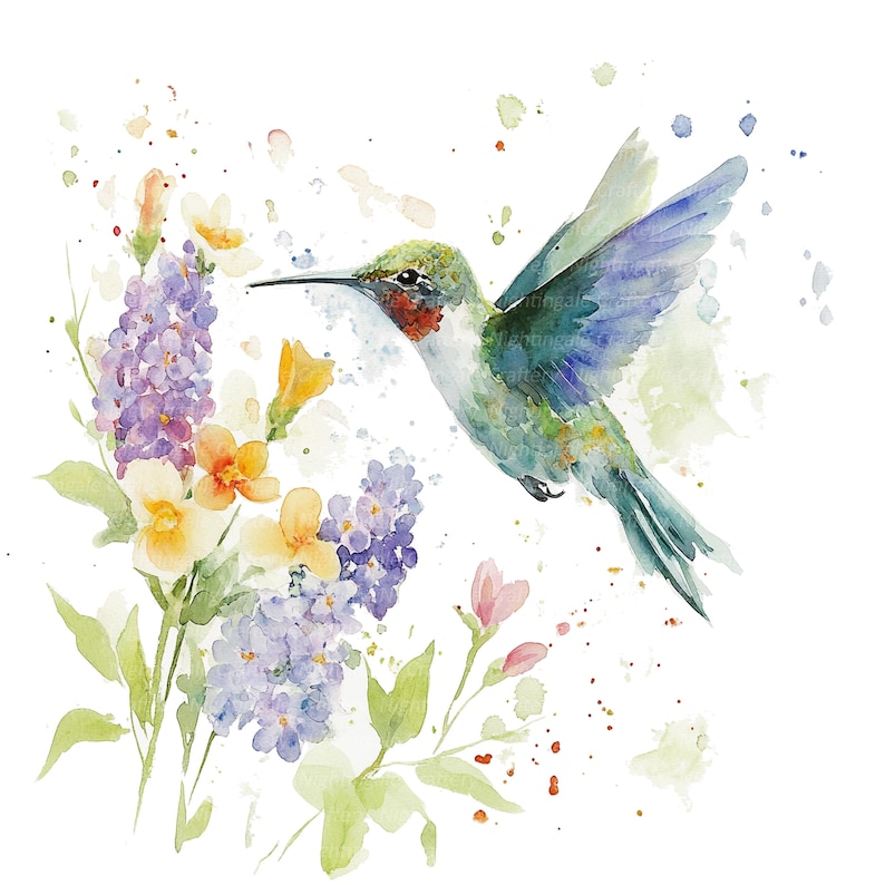Puede incluir: Una pintura de acuarela de un colibr&iacute; en vuelo con un fondo colorido de flores. El colibr&iacute; es verde, azul y rojo con un pico largo. Las flores son amarillas, moradas y rosas.