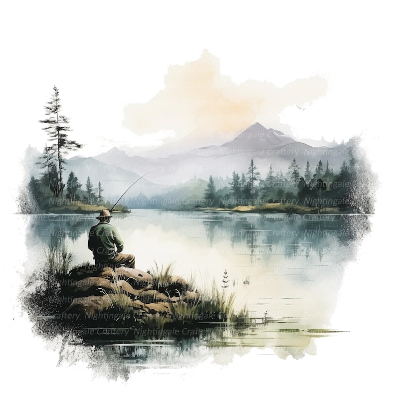 May include: A watercolor painting of a person fishing on a lake in the mountains. The person is sitting on a rock with a fishing rod in their hand. The lake is surrounded by trees and mountains. The sky is a light blue color with a few clouds.