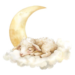 May include: A watercolor illustration of a cute, sleeping lamb on a fluffy white cloud with a yellow crescent moon in the background.
