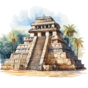 12 Aztec Temple Clipart, Aztec Pyramid, Printable Watercolor Clipart ...