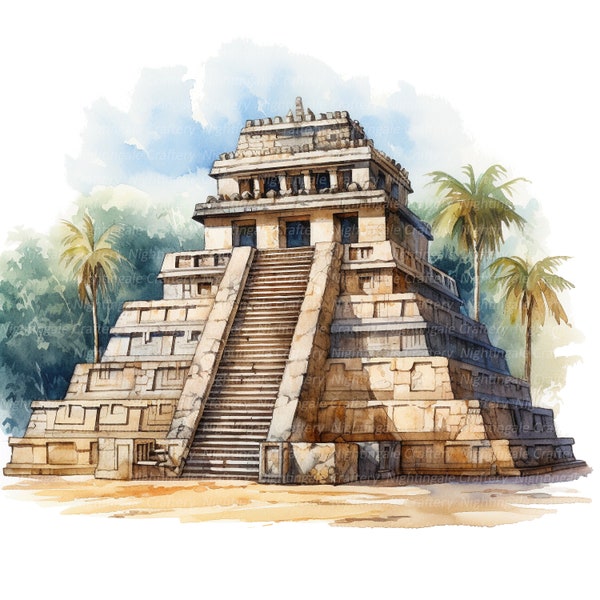12 Aztec Temple Clipart, Aztec Pyramid, Printable Watercolor clipart, High Quality JPGs, Digital download, Paper craft, junk journals